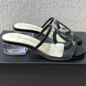 SLIDE SANDALS IN BLACK LAMBSKIN WITH TRANSPARENT PVC