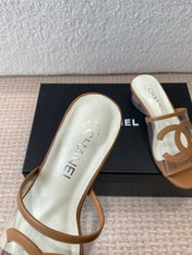 SLIDE SANDALS IN CINNAMON BROWN LAMBSKIN WITH TRANSPARENT PVC