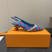 LV HIGH SLINGBACK LOGO AND CHERRY PRINT 25S 55MM IN BLUE DENIM