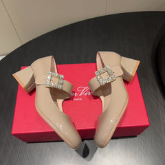 ROGER VIVIER 25S TRÈS VIVIER 50MM IN NUDE CALFSKIN WITH RHINESTONE BUCKLE