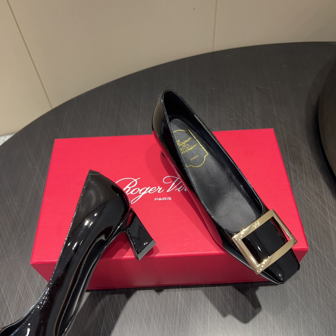 ROGER VIVIER 25S BELLE VIVIER PUMPS 45MM IN BLACK CALFSKIN GOLD BUCKLE