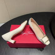 ROGER VIVIER 25S BELLE VIVIER PUMPS 45MM IN IVORY CALFSKIN GOLD BUCKLE