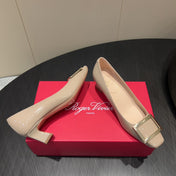ROGER VIVIER 25S BELLE VIVIER PUMPS 45MM IN NUDE CALFSKIN GOLD BUCKLE