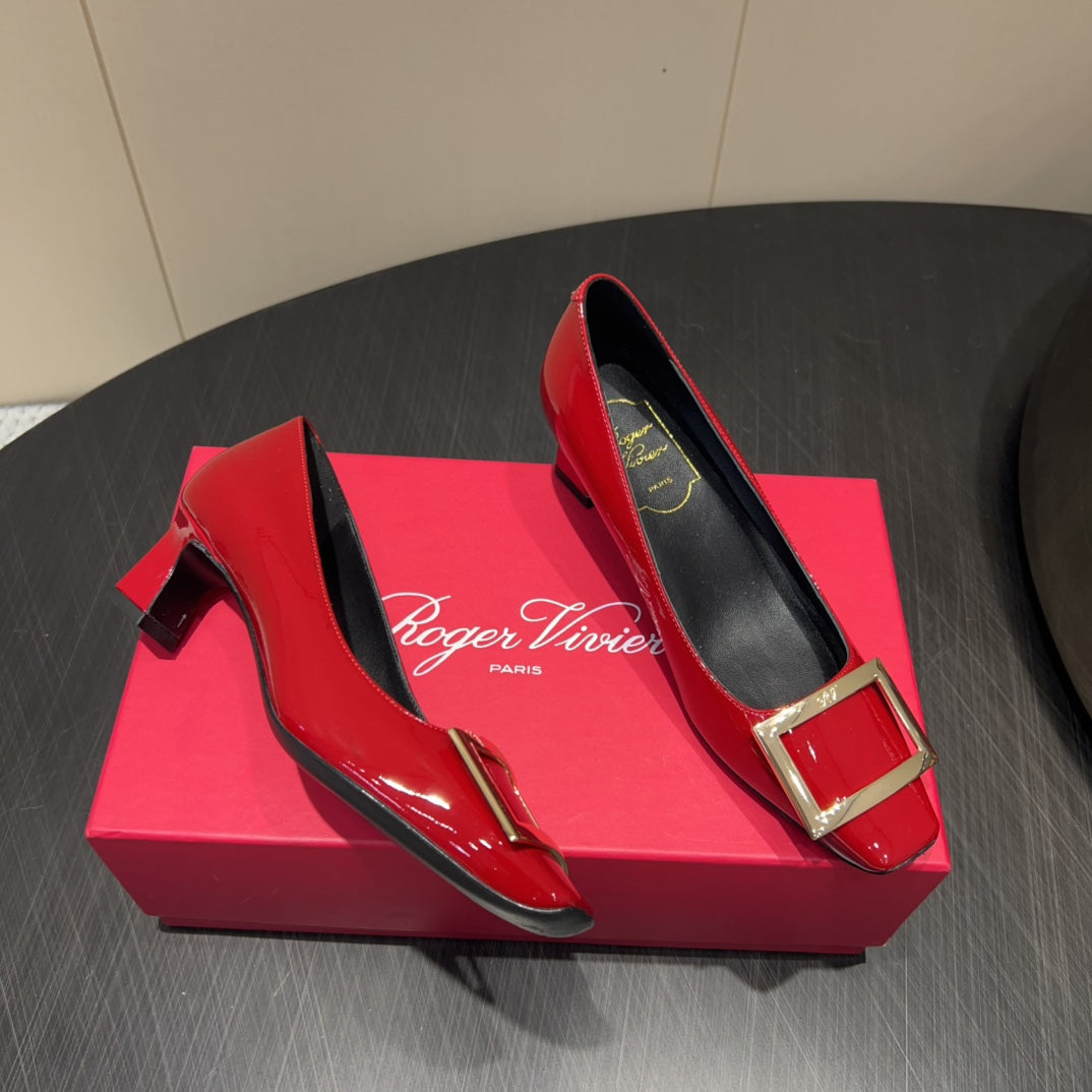 ROGER VIVIER 25S BELLE VIVIER PUMPS 45MM IN CRIMSON RED CALFSKIN GOLD BUCKLE