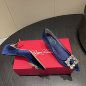 ROGER VIVIER 25S POINTED TOE HIGH HEELS 70MM IN DARK BLUE VELVET EMBELLISHED CRYSTALS
