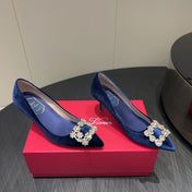 ROGER VIVIER 25S POINTED TOE HIGH HEELS 70MM IN DARK BLUE VELVET EMBELLISHED CRYSTALS