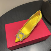 ROGER VIVIER 25S POINTED TOE HIGH HEELS 70MM IN BRIGHT YELLOW SILK EMBELLISHED CRYSTALS