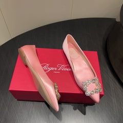 ROGER VIVIER 25S GRETE BALLET FLATS IN BABY PINK SILK WITH EMBELLISHED CRYSTALS