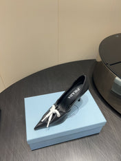 PRADA 25S POINTED TOE HIGH HEELS 85MM IN BLACK LAMBSKIN WITH TIE UP DESIGN
