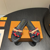LV SLIDE SANDALS 25S IN BLACK DENIM AND CALFSKIN WITH CHERRY BLOSSOM BUCKLE