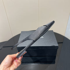 YSL SLINGBACK FLATS 25S IN BLACK SATIN FABRIC WITH GOLD HARDWARE