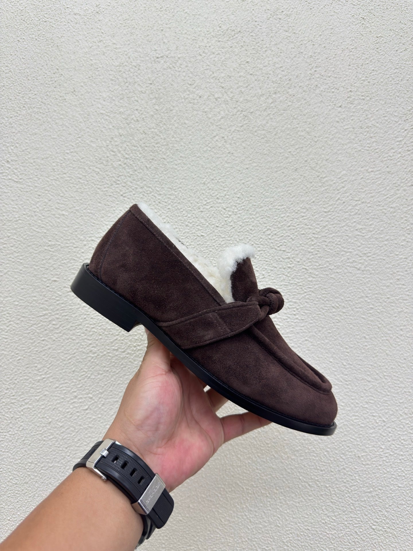 BOTTEGA VENETA 26S LOAFERS IN DARK BROWN SUEDE AND WHITE WOOL