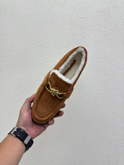 BOTTEGA VENETA 26S LOAFERS IN BROWN SUEDE AND WHITE WOOL WITH GOLD HARDWARE