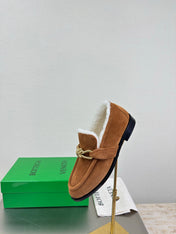 BOTTEGA VENETA 26S LOAFERS IN BROWN SUEDE AND WHITE WOOL WITH GOLD HARDWARE