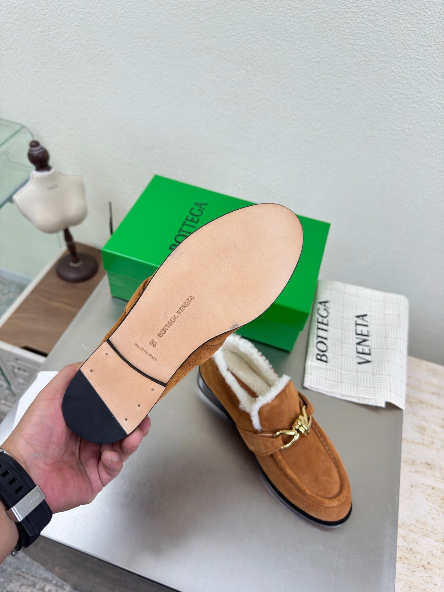 BOTTEGA VENETA 26S LOAFERS IN BROWN SUEDE AND WHITE WOOL WITH GOLD HARDWARE