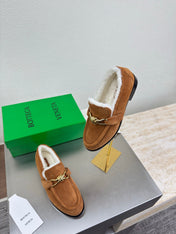 BOTTEGA VENETA 26S LOAFERS IN BROWN SUEDE AND WHITE WOOL WITH GOLD HARDWARE