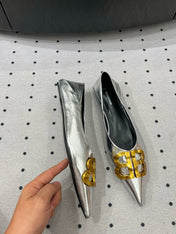 POINTED BB GOLD BUCKLE BALLET FLAT IN SILVER METALLIC SHINY CALFSKIN