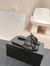 BOW LADY SLIPPERS BLACK LAMBSKIN WITH RHINESTONES