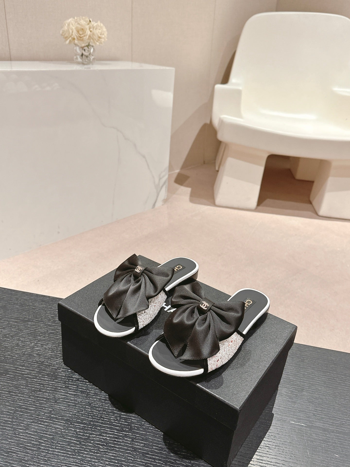 BOW LADY SLIPPERS BLACK LAMBSKIN WITH WHITE RHINESTONES