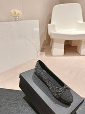 BALLET FLATS IN BLACK MIX WHITE TWEED AND SATIN