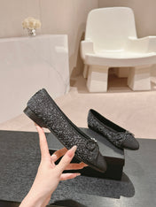 BALLET FLATS IN BLACK MIX WHITE TWEED AND SATIN