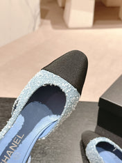 SLINGBACKS IN LIGHT BLUE DENIM AND BLACK SATIN