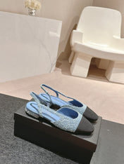 SLINGBACKS IN LIGHT BLUE DENIM AND BLACK SATIN