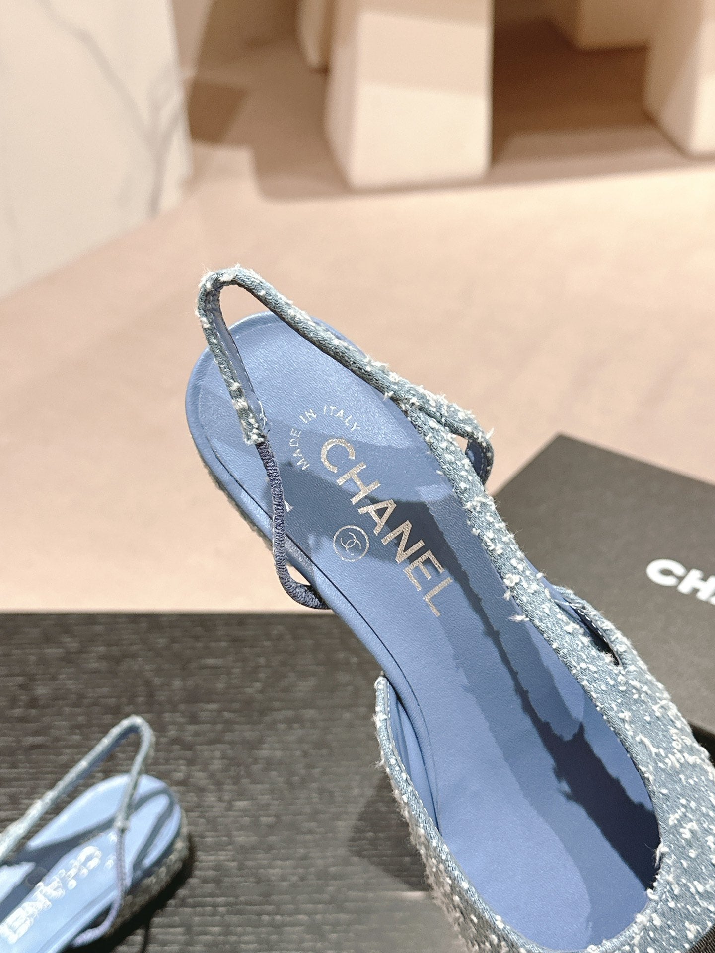 SLINGBACKS IN LIGHT BLUE DENIM AND BLACK SATIN