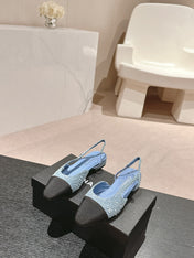 SLINGBACKS IN LIGHT BLUE DENIM AND BLACK SATIN