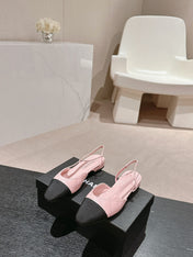 SLINGBACKS IN LIGHT PINK LAMBSKIN AND BLACK SATIN