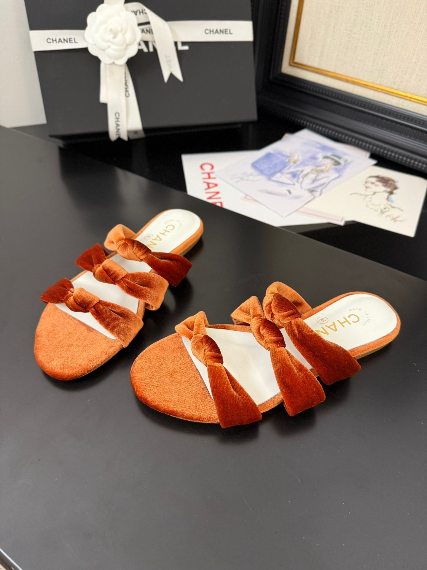 CC 25C Three Strap Mule Pumpkin Velvet fabric 233560