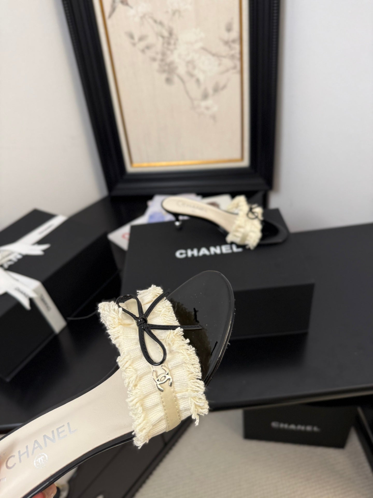 WHITE GROSGRAIN CANVAS BOW MULE SANDALS 65 MM