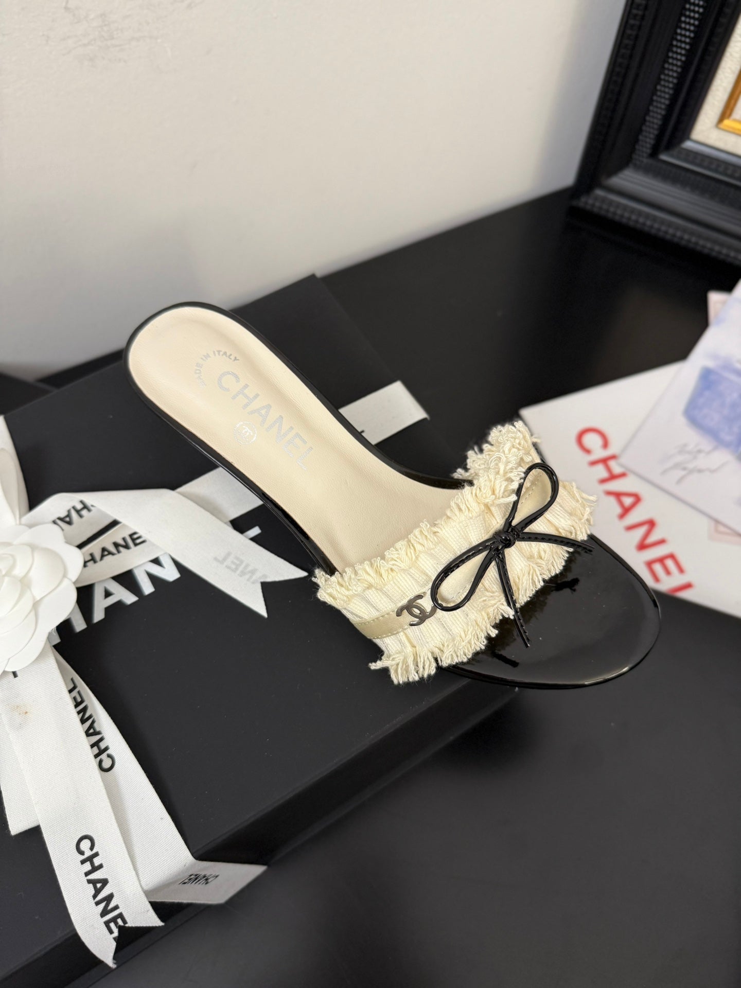 WHITE GROSGRAIN CANVAS BOW MULE SANDALS 65 MM