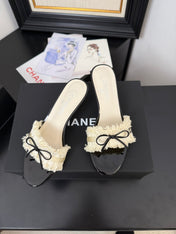 WHITE GROSGRAIN CANVAS BOW MULE SANDALS 65 MM