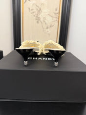 WHITE GROSGRAIN CANVAS BOW MULE SANDALS 65 MM