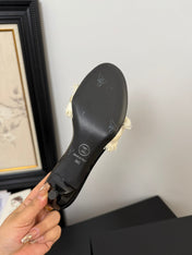 WHITE GROSGRAIN CANVAS BOW MULE SANDALS 65 MM