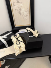 WHITE GROSGRAIN CANVAS BOW MULE SANDALS 90 MM