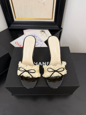 WHITE GROSGRAIN CANVAS BOW MULE SANDALS 90 MM