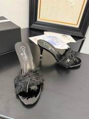 BLACK GROSGRAIN CANVAS BOW MULE SANDALS 90 MM