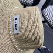 MM SMALL-BRIM STRAW HAT IN LIGHT BEIGE AND PEARL EMBELLISHED