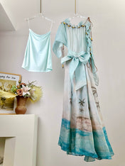 ZIMMER SILK MIDI DRESS IN PASTEL BLUE-GREEN AND LIGHT PURPLE