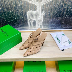 ALFIE LEATHER HIGH MULES IN CAMEL BEIGE CALFSKIN WITH WOVEN DESIGN