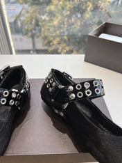 ALAIA 26S FLATS IN BLACK PONY HAIR WITH SILVER STUD STRAP