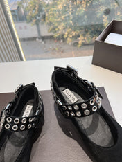 ALAIA 26S FLATS IN BLACK PONY HAIR WITH SILVER STUD STRAP
