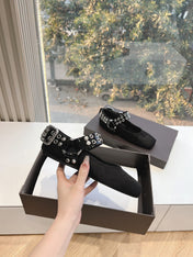 ALAIA 26S FLATS IN BLACK PONY HAIR WITH SILVER STUD STRAP