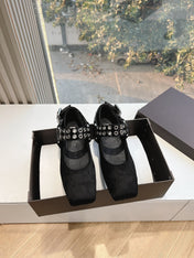 ALAIA 26S FLATS IN BLACK PONY HAIR WITH SILVER STUD STRAP