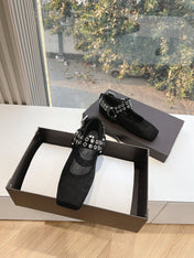 ALAIA 26S FLATS IN BLACK PONY HAIR WITH SILVER STUD STRAP