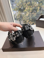 ALAIA 26S FLATS IN BLACK PONY HAIR WITH SILVER STUD STRAP