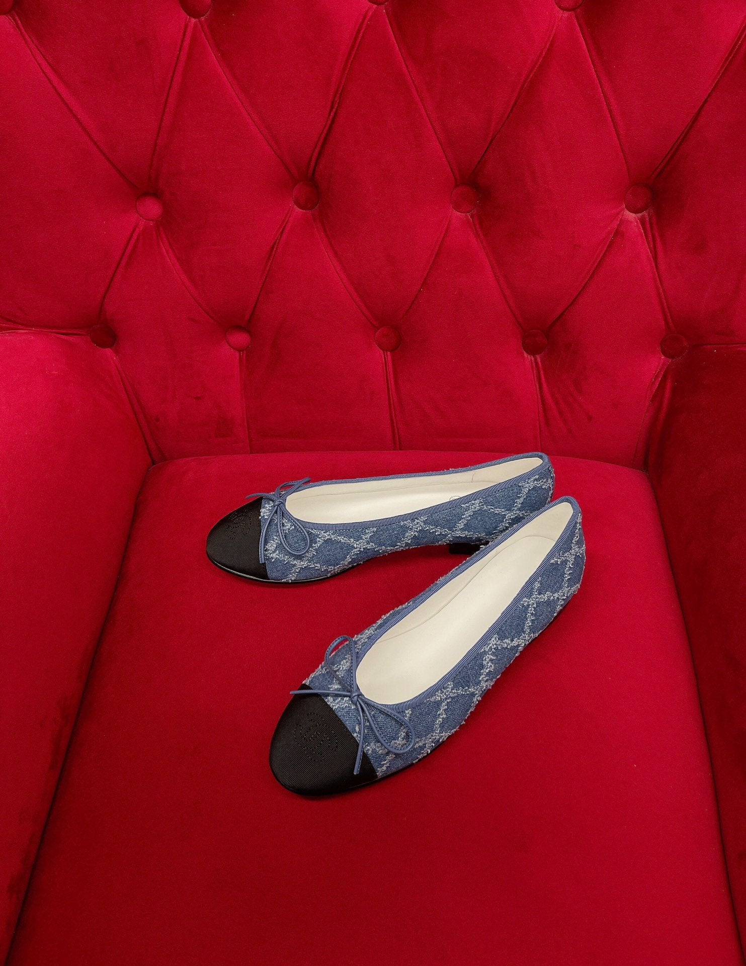 ballet flat blue black denim grosgrain