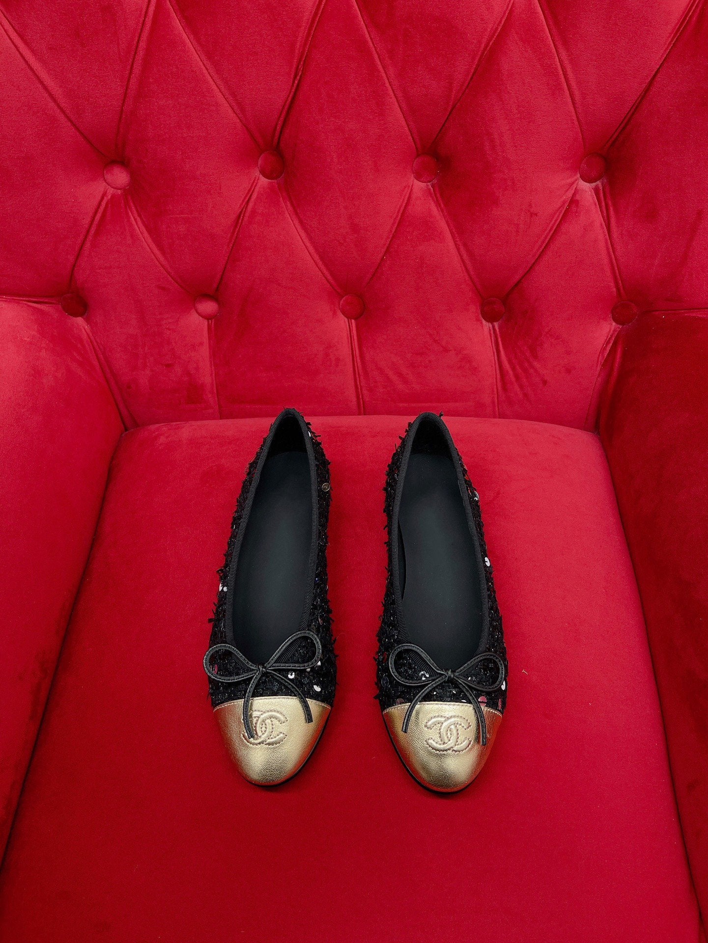 ballet flat black gold tweed metal calfskin